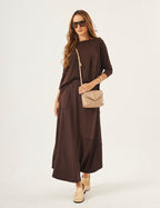Conjunto Blusa Eva Marrom com Saia Midi Emma Marrom