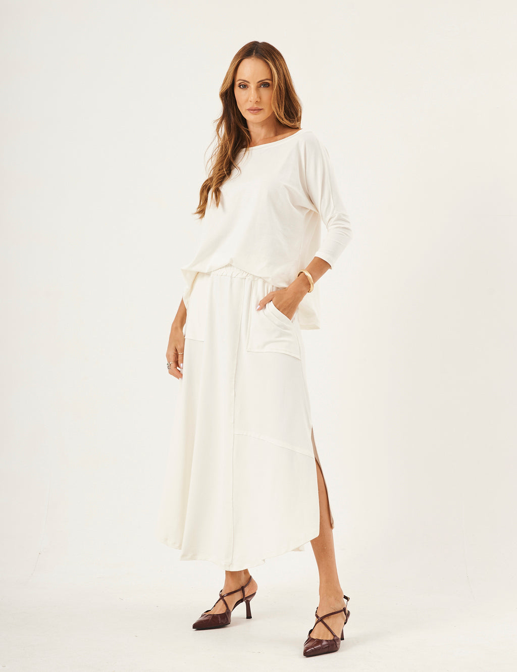 Conjunto Blusa Eva Off White com Saia Emma Off White