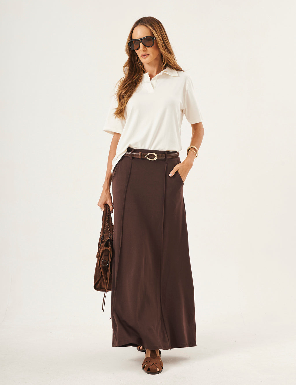 Conjunto Blusa Ravenna Off White com Saia Melanie Marrom