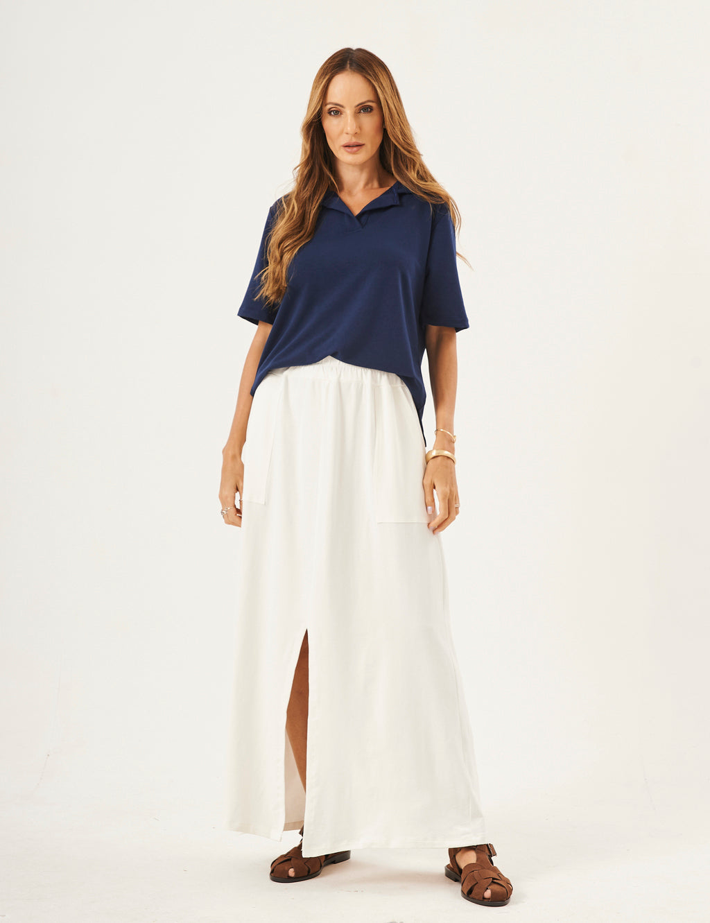 Conjunto Blusa Ravenna Azul Marinho com Saia Valença Off white