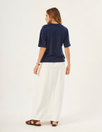 Conjunto Blusa Ravenna Azul Marinho com Saia Valença Off white