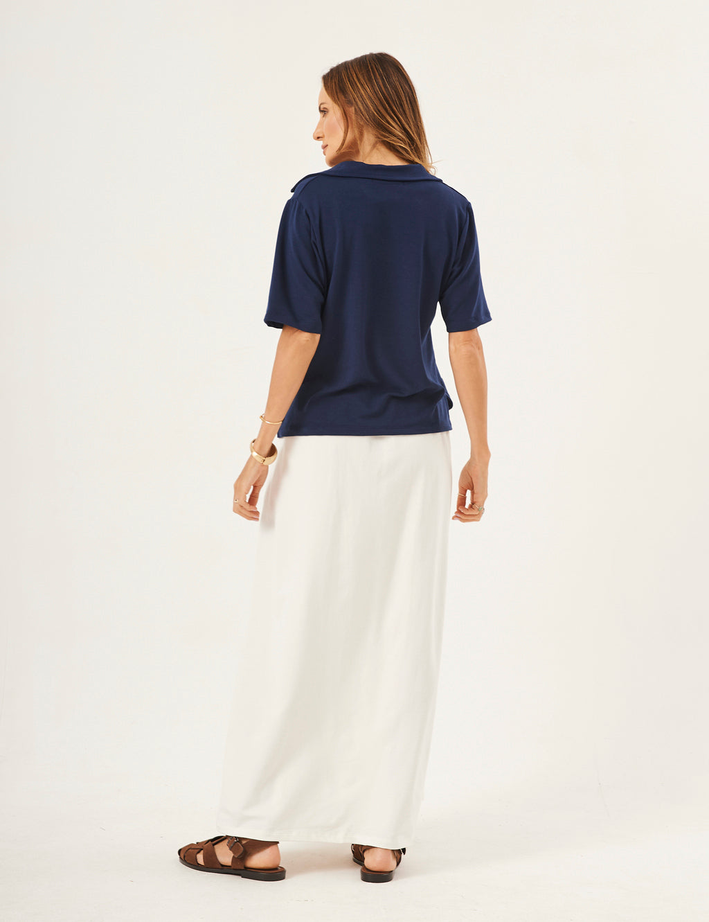 Conjunto Blusa Ravenna Azul Marinho com Saia Valença Off white
