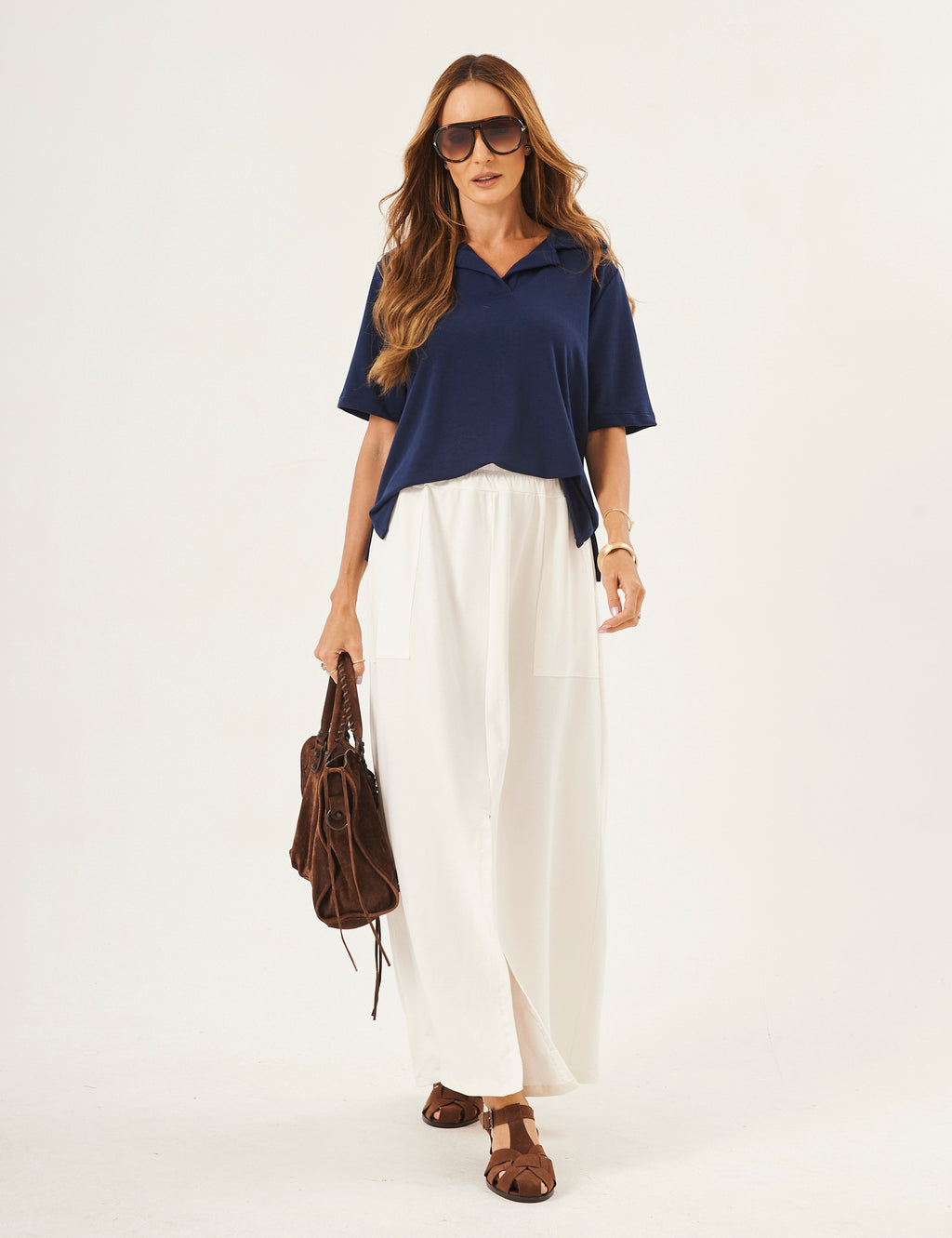Conjunto Blusa Ravenna Azul Marinho com Saia Valença Off white