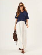 Conjunto Blusa Ravenna Azul Marinho com Saia Valença Off white