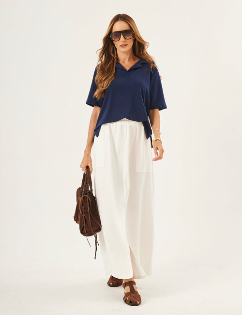 Conjunto Blusa Ravenna Azul Marinho com Saia Valença Off white