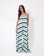 Macacão Veronica Listrado Tricolor Azul, Off White e Turquesa