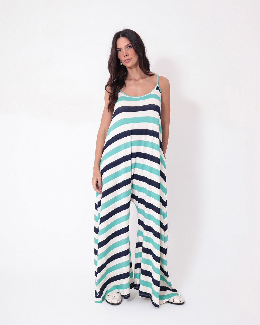 Macacão Veronica Listrado Tricolor Azul, Off White e Turquesa