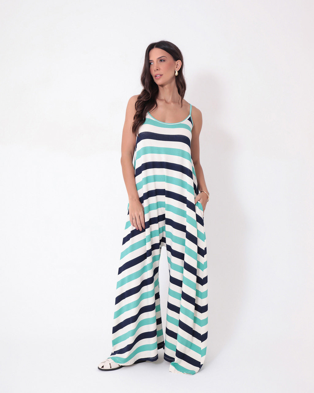 Macacão Veronica Listrado Tricolor Azul, Off White e Turquesa
