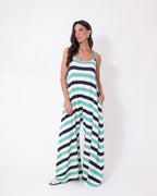 Macacão Veronica Listrado Tricolor Azul, Off White e Turquesa