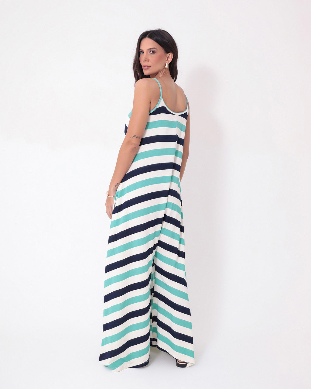Macacão Veronica Listrado Tricolor Azul, Off White e Turquesa