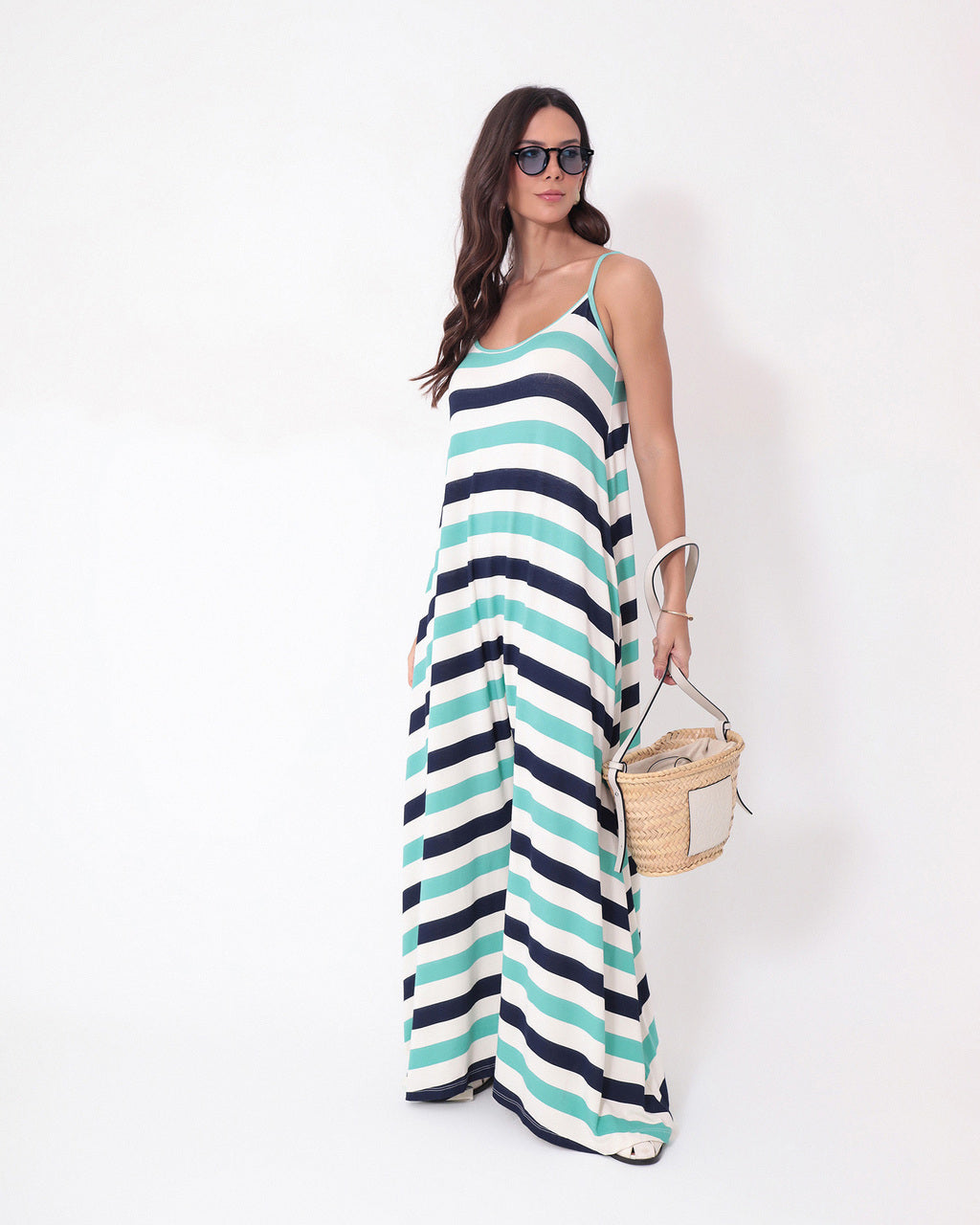 Macacão Veronica Listrado Tricolor Azul, Off White e Turquesa