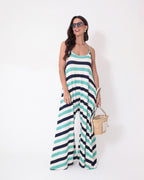 Macacão Veronica Listrado Tricolor Azul, Off White e Turquesa